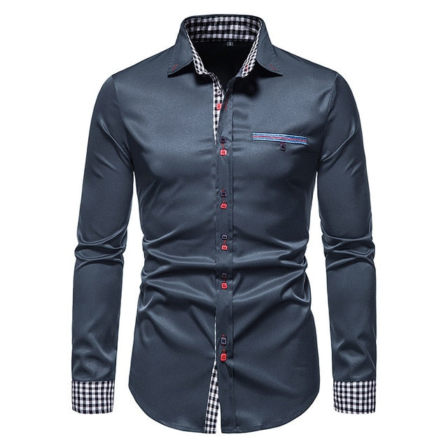 Plaid Patchwork Formal Shirts for Men* Dress Shirt Work Shirt