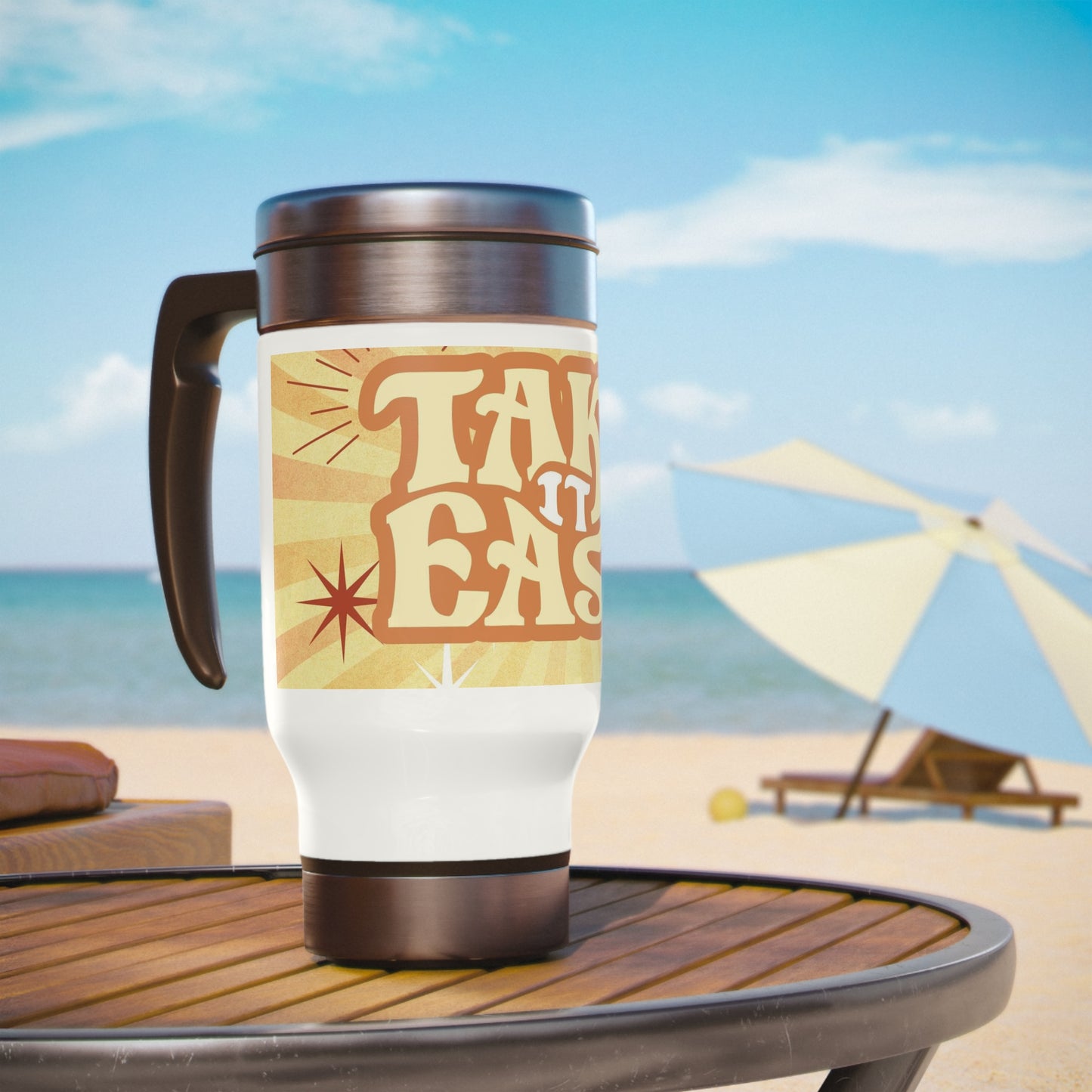"Take It Easy" Stylish Stainless Steel Travel Mug with Handle, 14oz*
