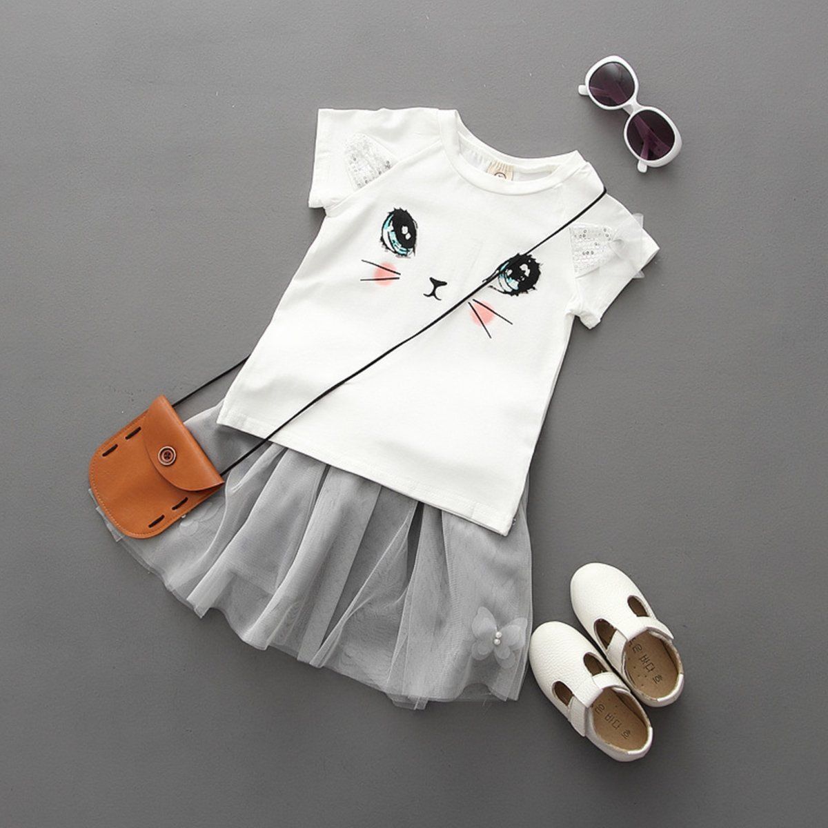 New Girls *Kids Cute Child Cat Short Sleeve T-Shirt Butterfly Beaded Puffy Skirt Skirt Set