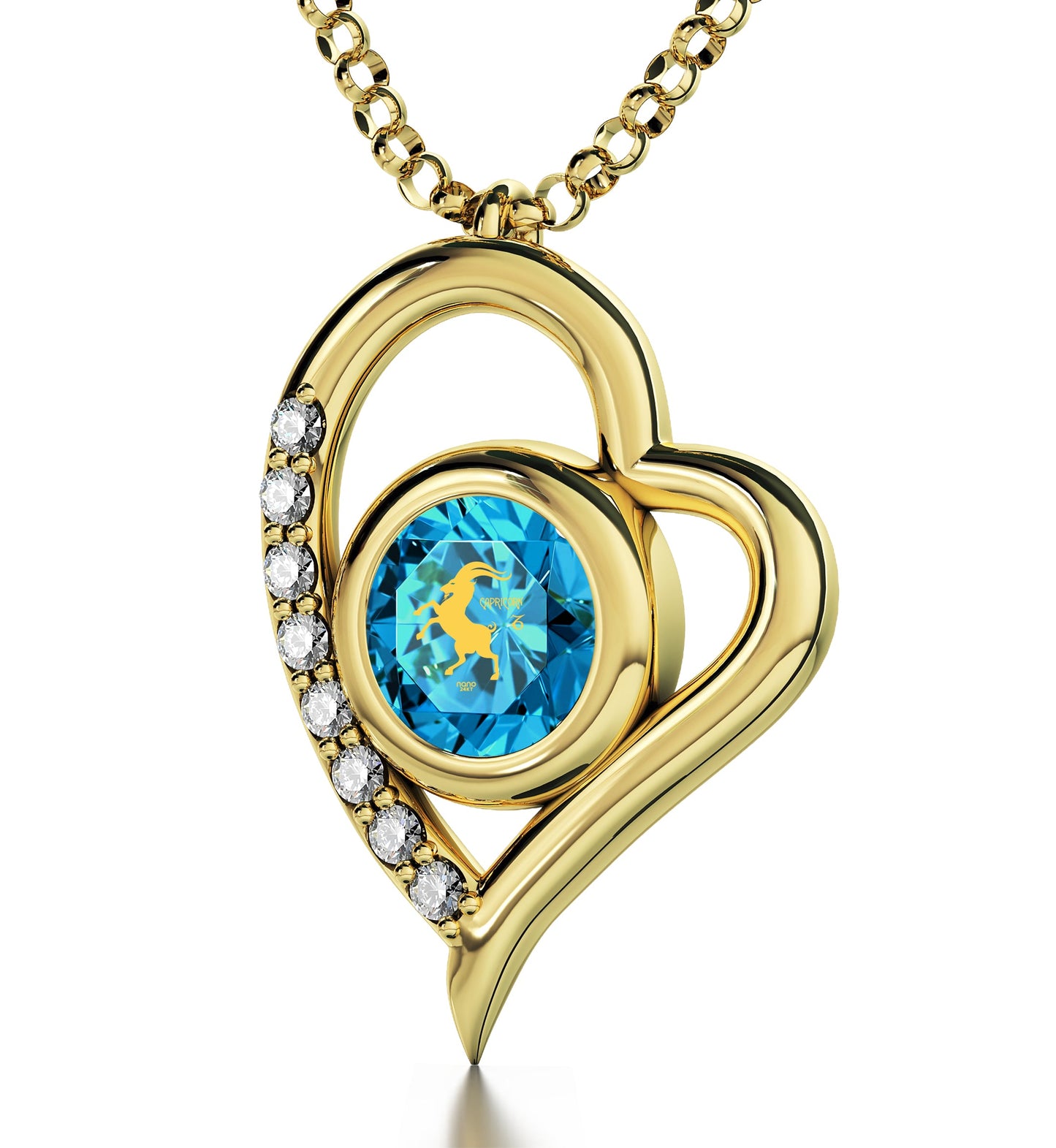 Gold Plated Silver Capricorn *Necklace Zodiac Heart Pendant 24k Gold inscribed on Crystal