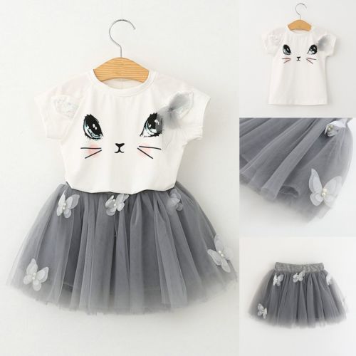 New Girls *Kids Cute Child Cat Short Sleeve T-Shirt Butterfly Beaded Puffy Skirt Skirt Set