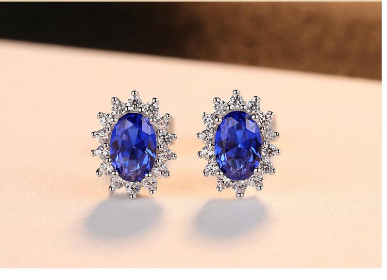 CZCITY* New Natural Birthstone Royal Blue Oval Topaz Stud Earrings With Solid 925 Sterling Silver Fine Jewelry For Women*