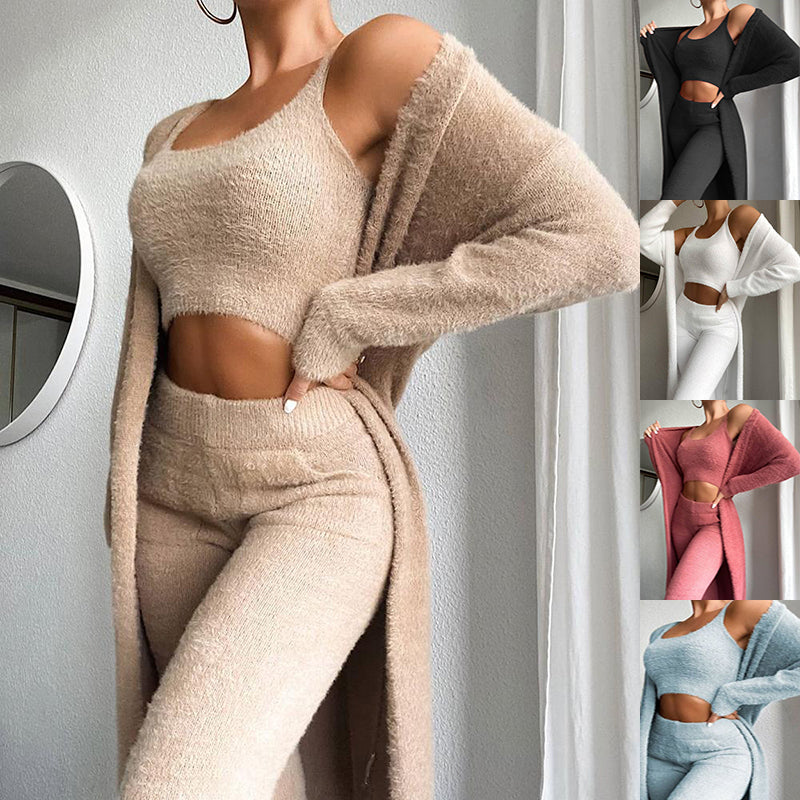 3pcs Womens Clothing*  Fashion Solid Fluffy Plain Crop Top & Skinny Pants & Longline Coat Set Warm Cozy Suit Sets