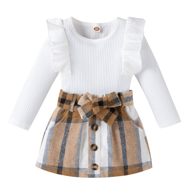 Knitted Ribbed Solid Color Baby Girl Dress Set *
