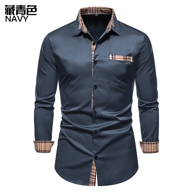 Plaid Patchwork Formal Shirts for Men* Dress Shirt Work Shirt