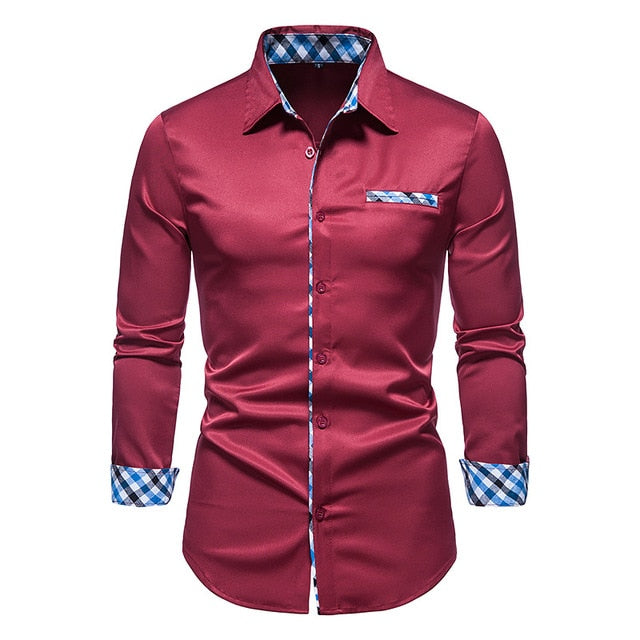 Plaid Patchwork Formal Shirts for Men* Dress Shirt Work Shirt