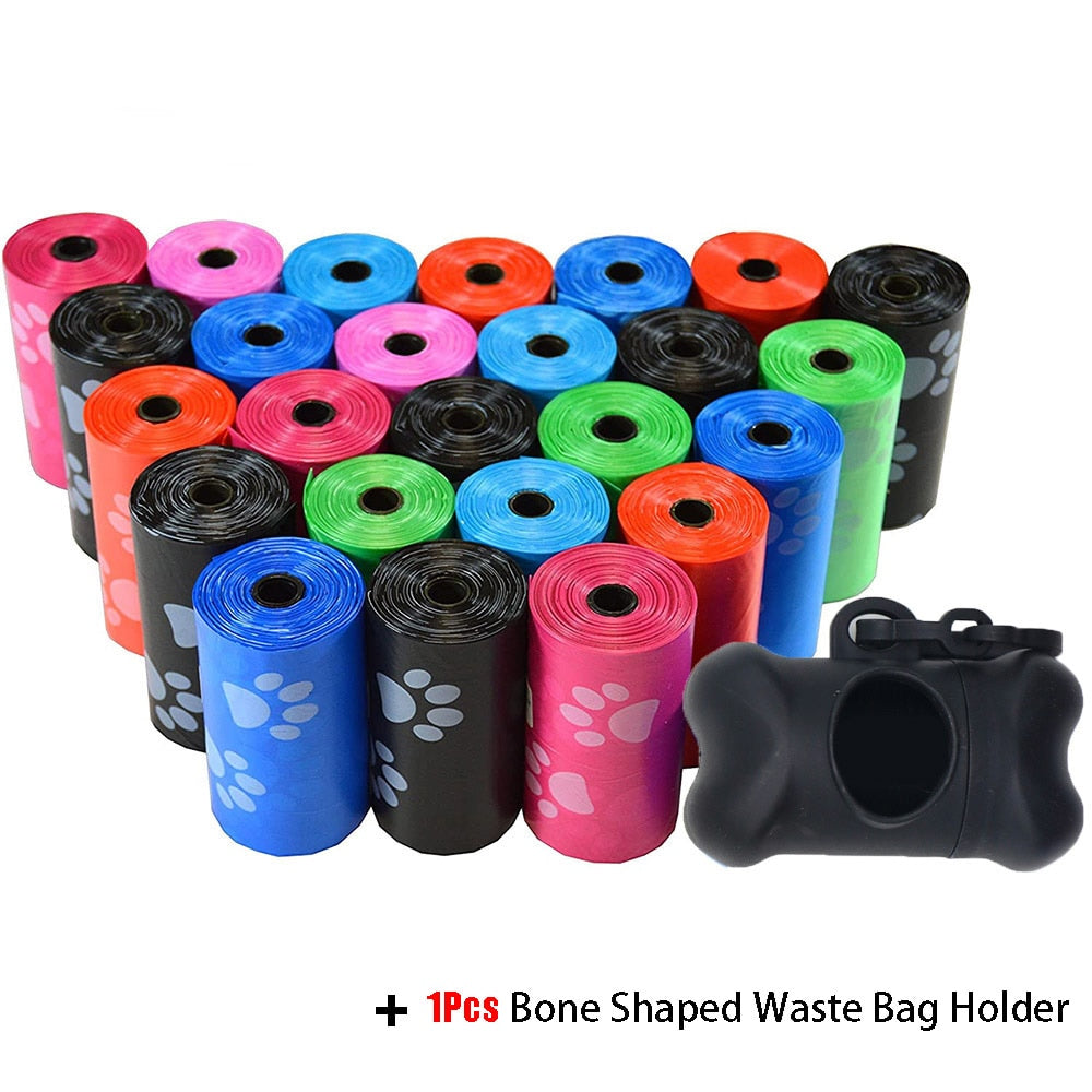 Pet Poop Bags* Disposable Dog Waste Bags, Bulk Poop Bags with Leash Clip and Bone Bag Dispenser 5Roll(75Pcs) Bags with Paw Prints