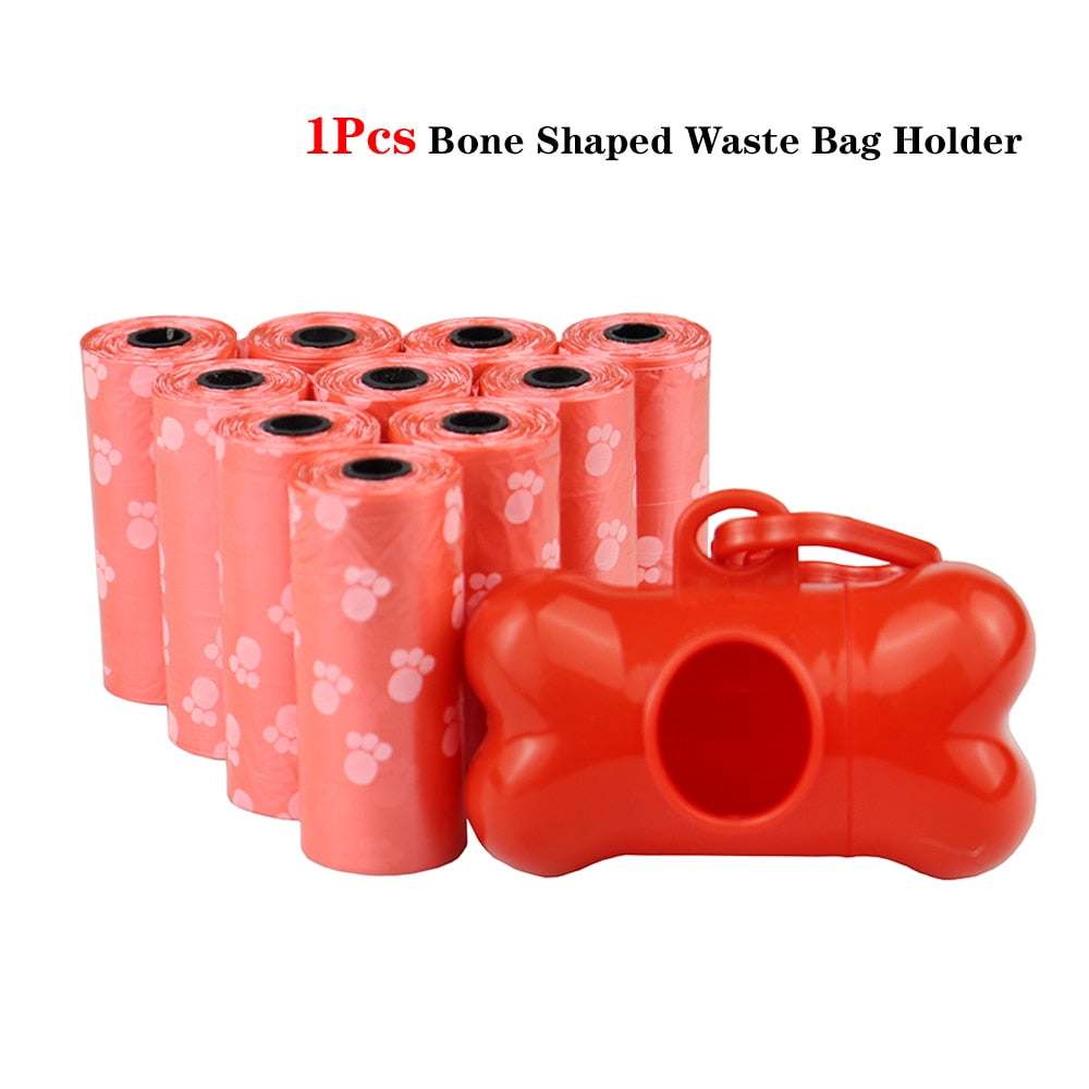 Pet Poop Bags* Disposable Dog Waste Bags, Bulk Poop Bags with Leash Clip and Bone Bag Dispenser 5Roll(75Pcs) Bags with Paw Prints