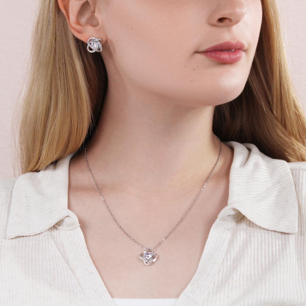 "Eternal Bond: Love Knot Earring & Necklace Set in CZ and White Gold" *