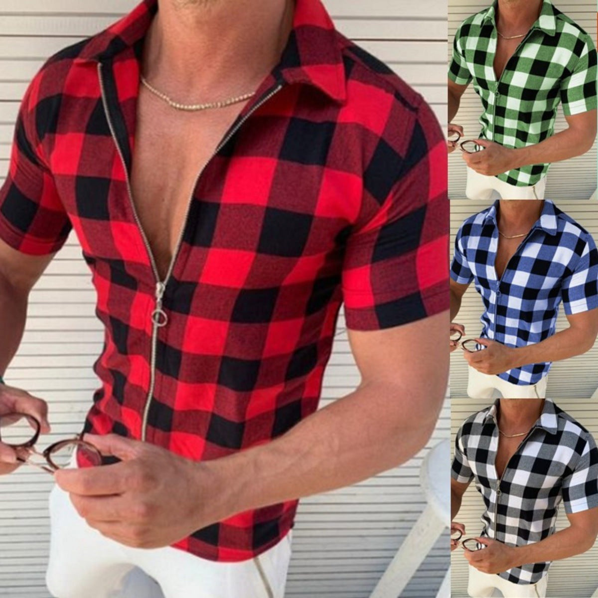 Plaid T Shirt Mens Zipper Short Sleeve Shirts Summer Men Clothing*