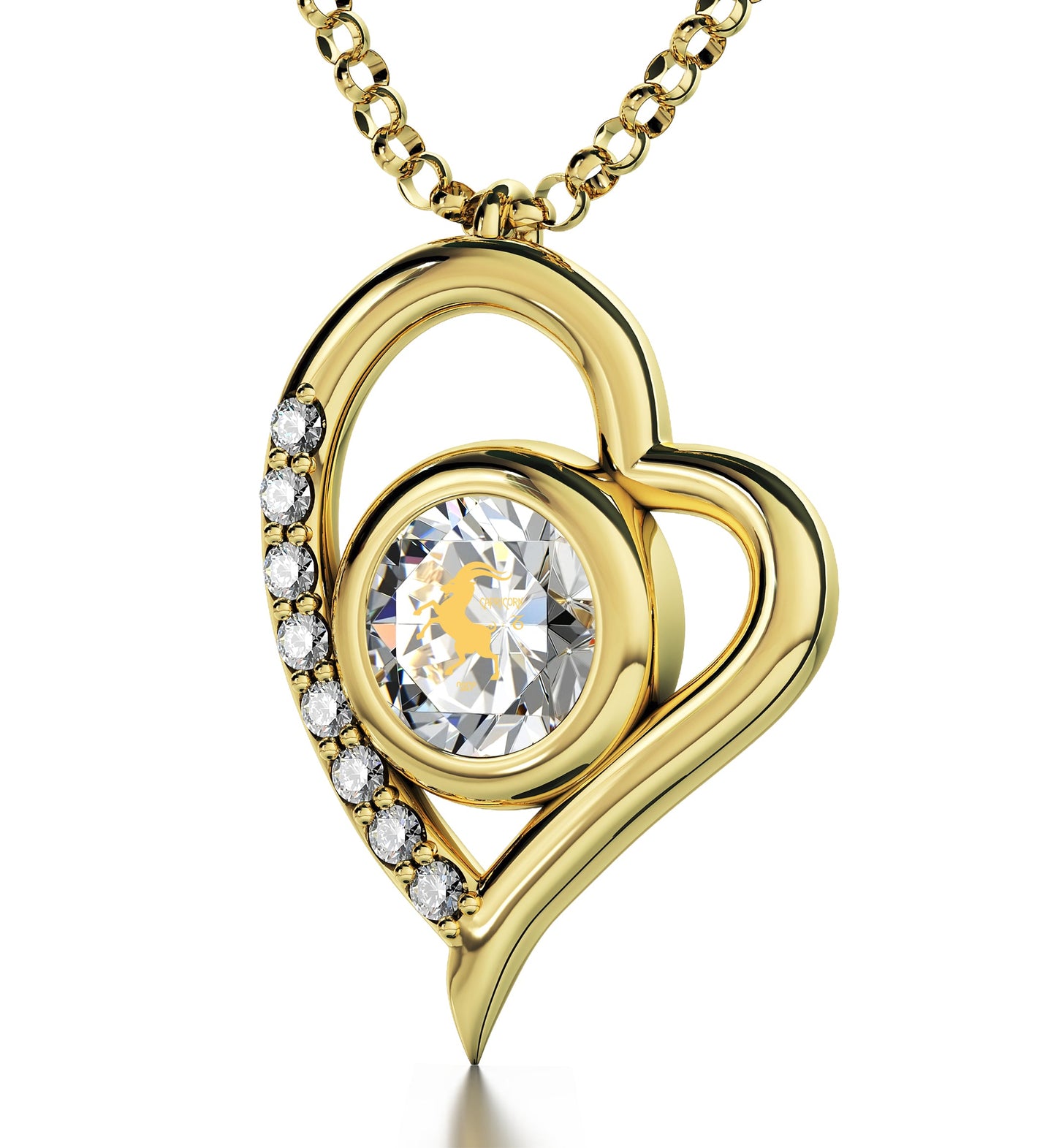 Gold Plated Silver Capricorn *Necklace Zodiac Heart Pendant 24k Gold inscribed on Crystal