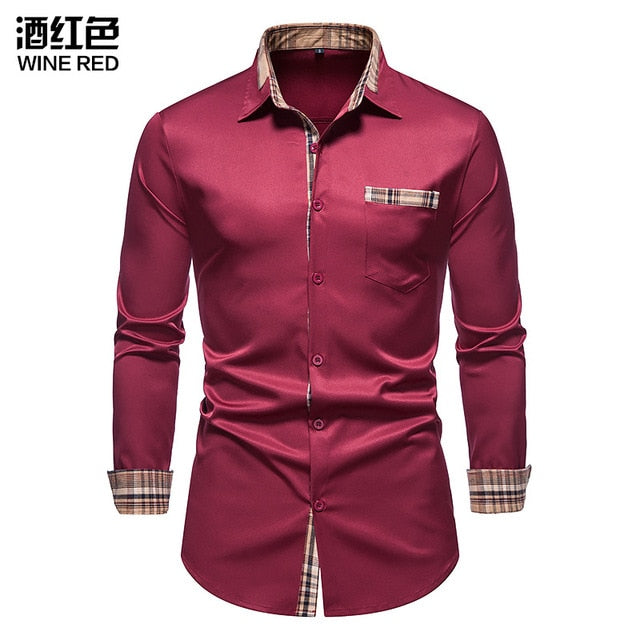 Plaid Patchwork Formal Shirts for Men* Dress Shirt Work Shirt