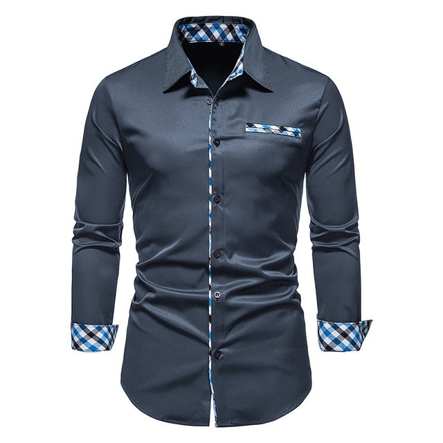 Plaid Patchwork Formal Shirts for Men* Dress Shirt Work Shirt