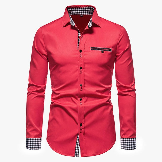 Plaid Patchwork Formal Shirts for Men* Dress Shirt Work Shirt