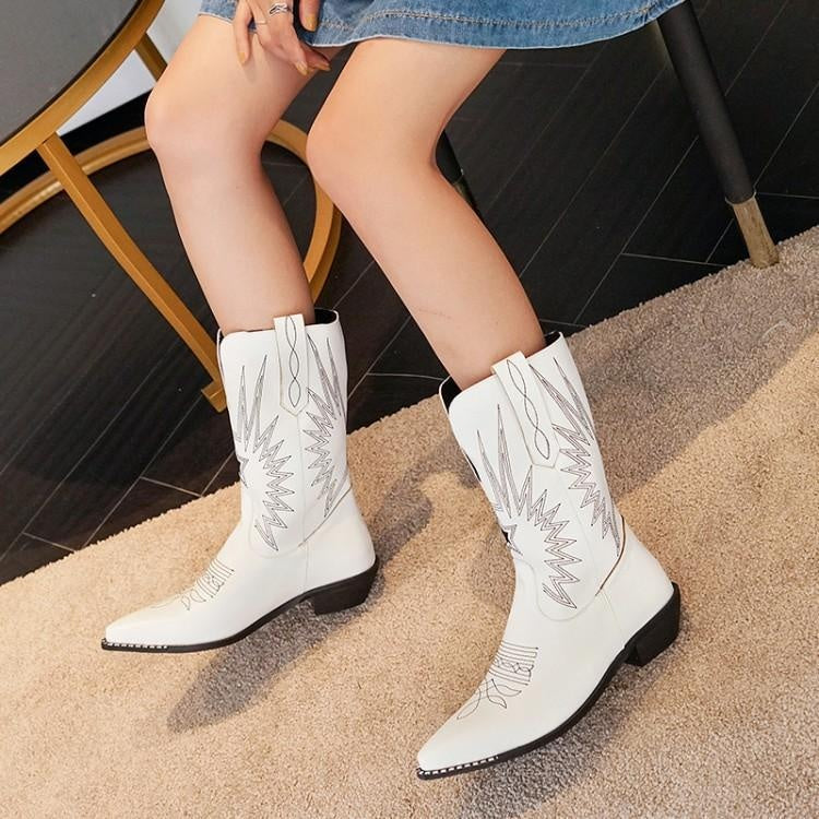 Autumn Winter Retro Dr Martens Boots Women's Mid Heel Cowboy Boots Embroidery Thread*