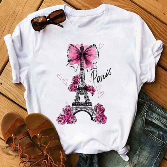 "Elevate Your Summer Style with Our I LOVE PARIS Short-Sleeved Shirt!" Summer Women's Short-sleeved Romantic Shirt Printing