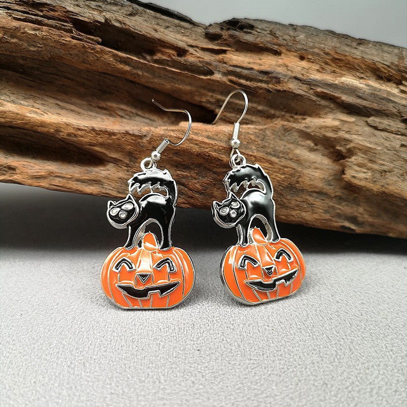 Halloween* Funny Earrings Female Personality Ghost Pumpkin Bat Cat Cartoon Jewelry