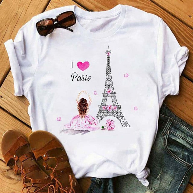 "Elevate Your Summer Style with Our I LOVE PARIS Short-Sleeved Shirt!" Summer Women's Short-sleeved Romantic Shirt Printing
