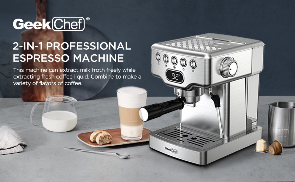 Geek Chef Espresso Machine, 20 Bar Espresso Machine With Milk Frother For Latte, Cappuccino, Macchiato, For Home Espresso Maker, 1.8L Water Tank, Stainless Steel*