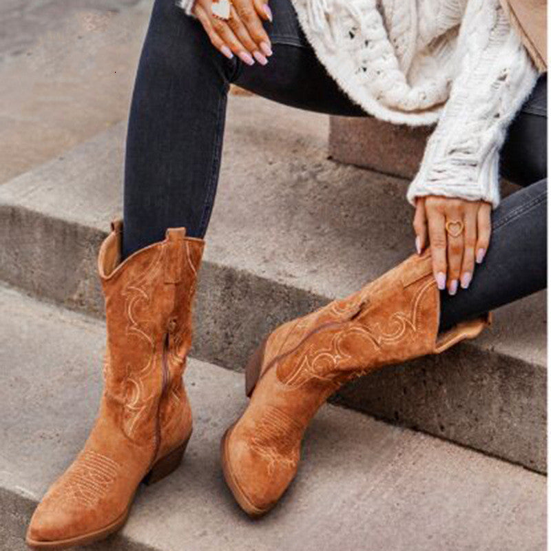 Western Cowboy Pointed boots suede leather boots *