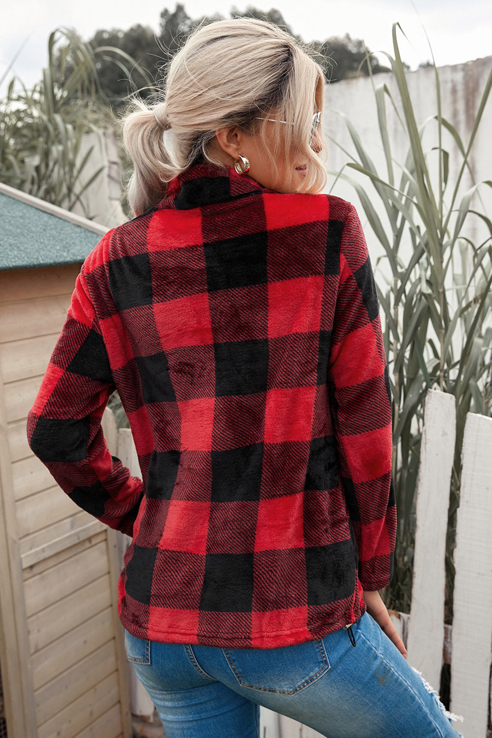 Plaid Print 1/4 Zip Collar Sweatshirt*