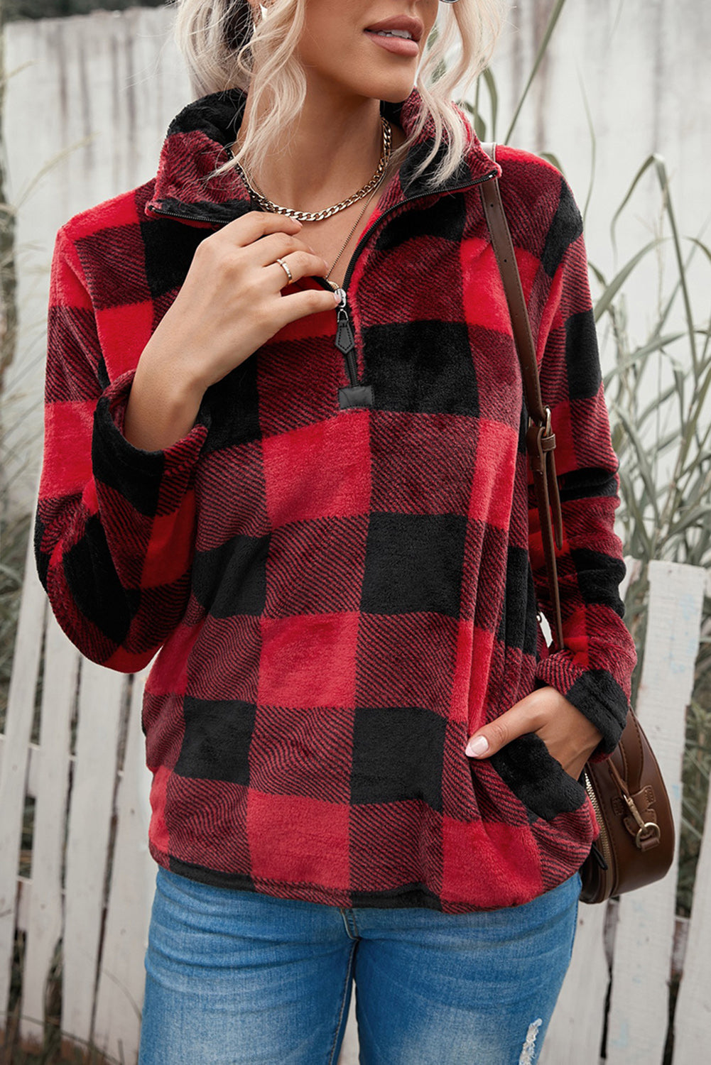 Plaid Print 1/4 Zip Collar Sweatshirt*