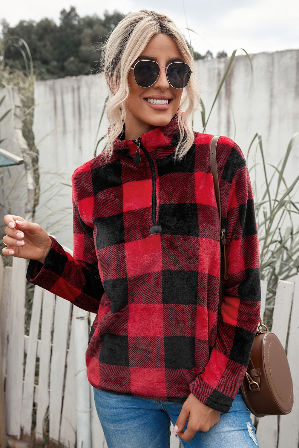 Plaid Print 1/4 Zip Collar Sweatshirt*