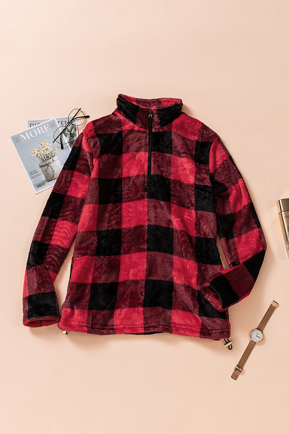 Plaid Print 1/4 Zip Collar Sweatshirt*