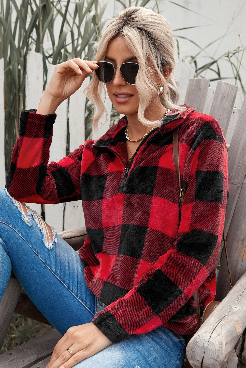 Plaid Print 1/4 Zip Collar Sweatshirt*