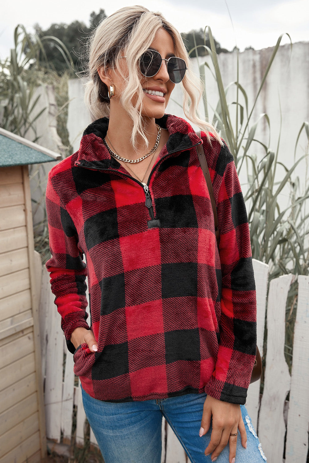 Plaid Print 1/4 Zip Collar Sweatshirt*