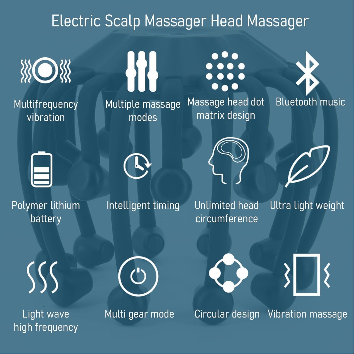 Electric Scalp Massager with Red Light - Octopus Head Massager Stress Relax, 20 Claw Multi-Configuration Array Vibrating Nodes, 5 Modes, Bluetooth Music, Hair Growth