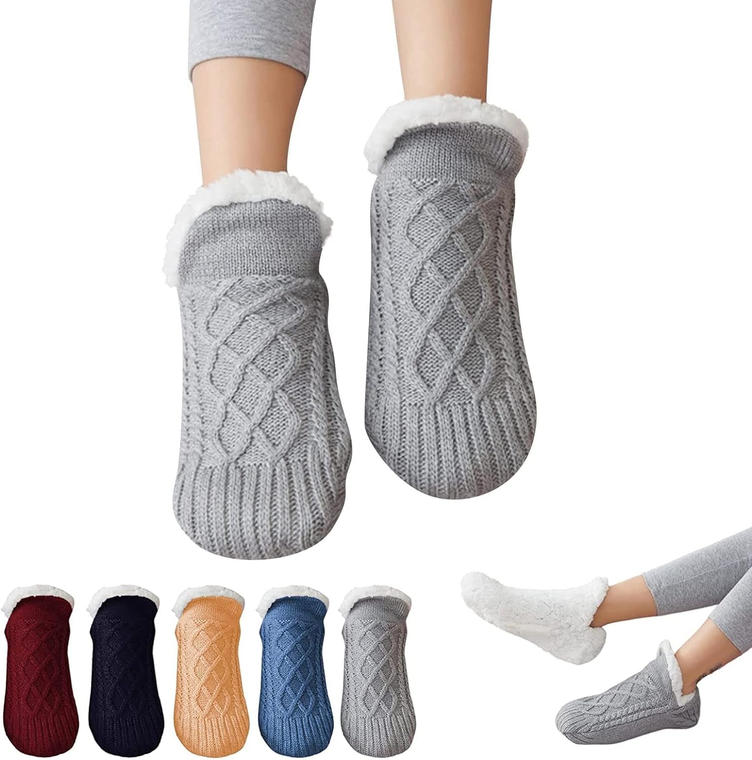 Slipper Socks for Women, Womens Slipper Socks Indoor Floor Non-Slip Thermal Socks, Woven and Velvet Soft Cozy Thick Indoor Socks Slippers (M, Grey)