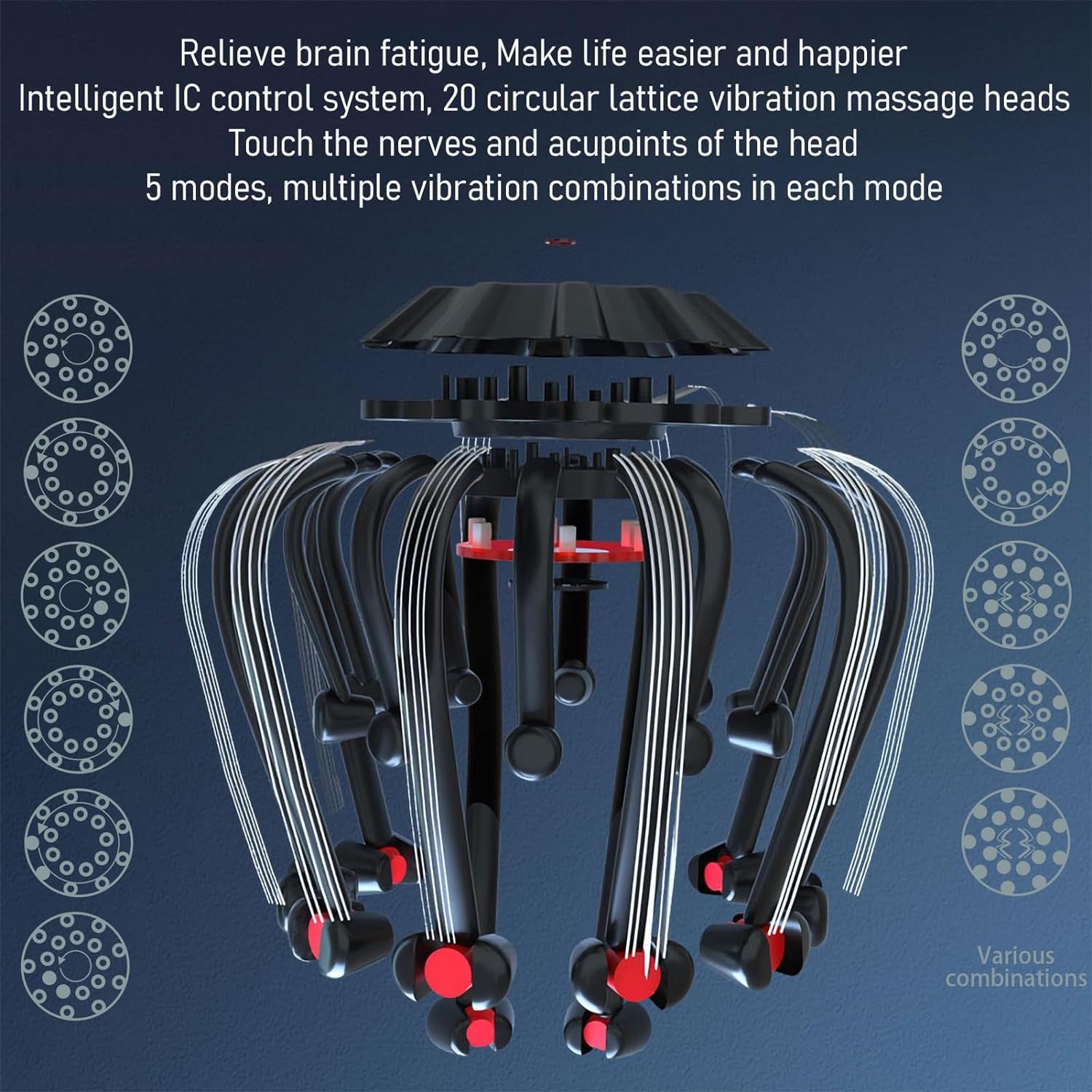 Electric Scalp Massager with Red Light - Octopus Head Massager Stress Relax, 20 Claw Multi-Configuration Array Vibrating Nodes, 5 Modes, Bluetooth Music, Hair Growth