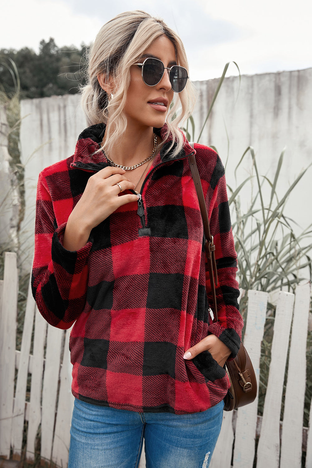 Plaid Print 1/4 Zip Collar Sweatshirt*