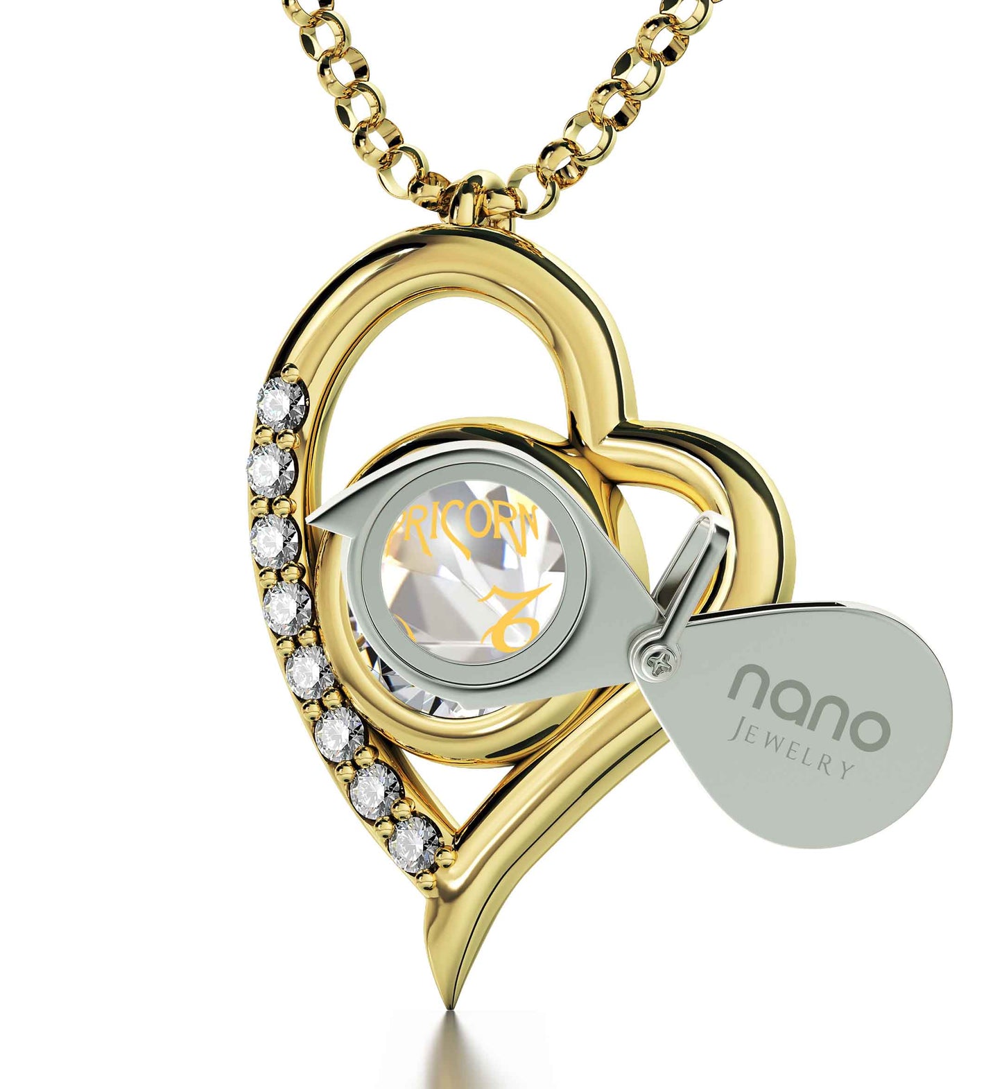 Gold Plated Silver Capricorn *Necklace Zodiac Heart Pendant 24k Gold inscribed on Crystal