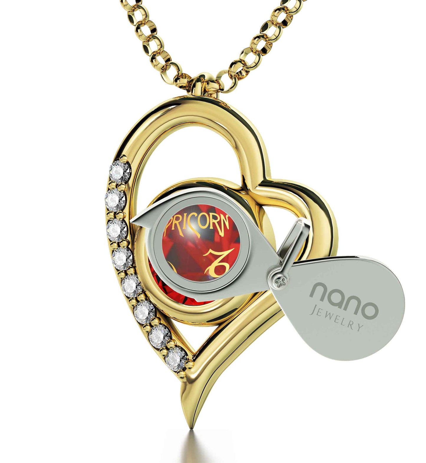 Gold Plated Silver Capricorn *Necklace Zodiac Heart Pendant 24k Gold inscribed on Crystal