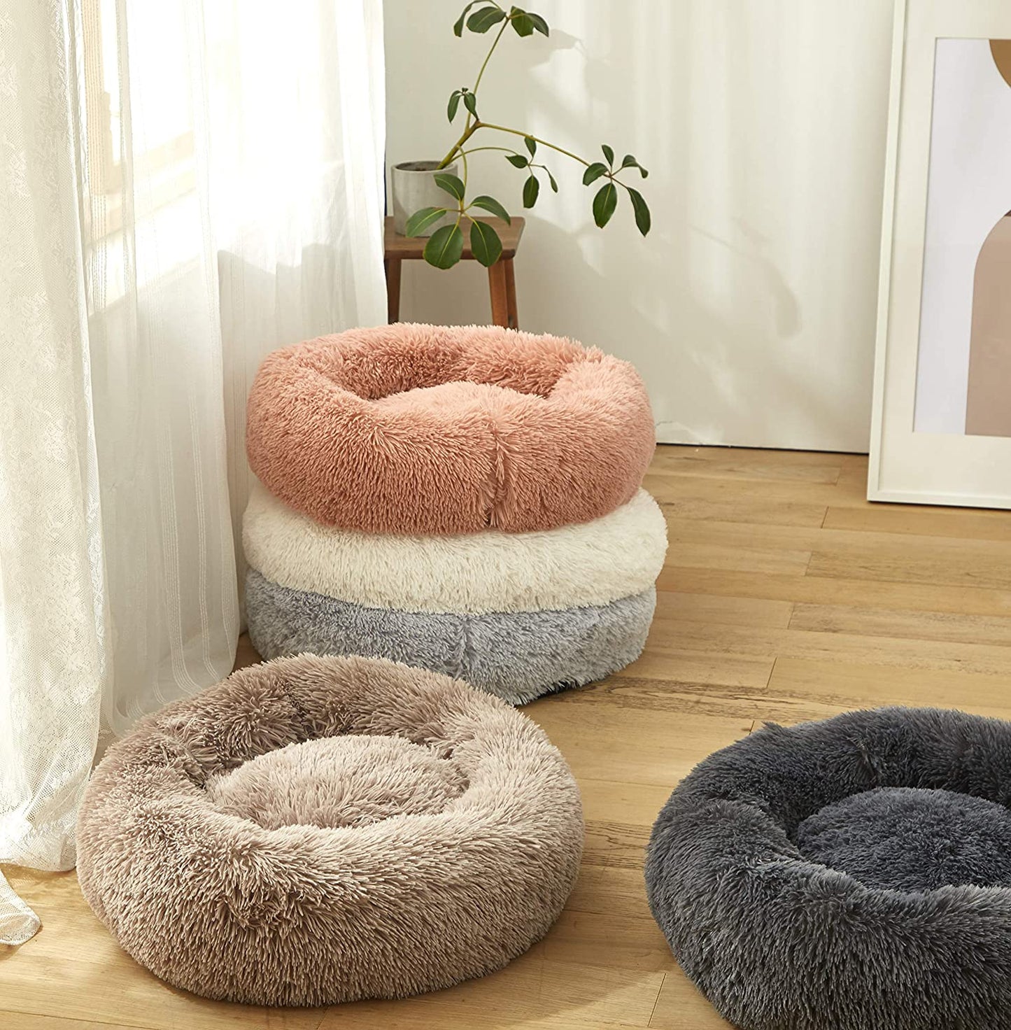 Plush Faux Fur round Pet Dog Bed, Comfortable Fuzzy Donut Cuddler Cushion for Dogs & Cats, Soft Shaggy and Warm for Winter (Pink, 23.6")