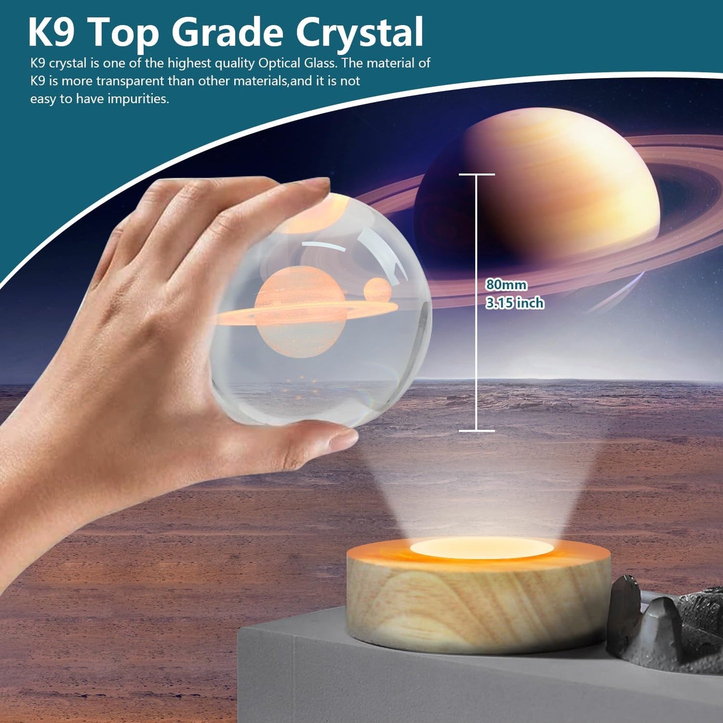 Large 3D Crystal Ball Saturn Night Light Warmwhite Dimmable Switch LED Space Decor Magical Globe Nightlight Kids Bedroom Decor Astronomy Planet Birthday Gift for Teens Boys Girls