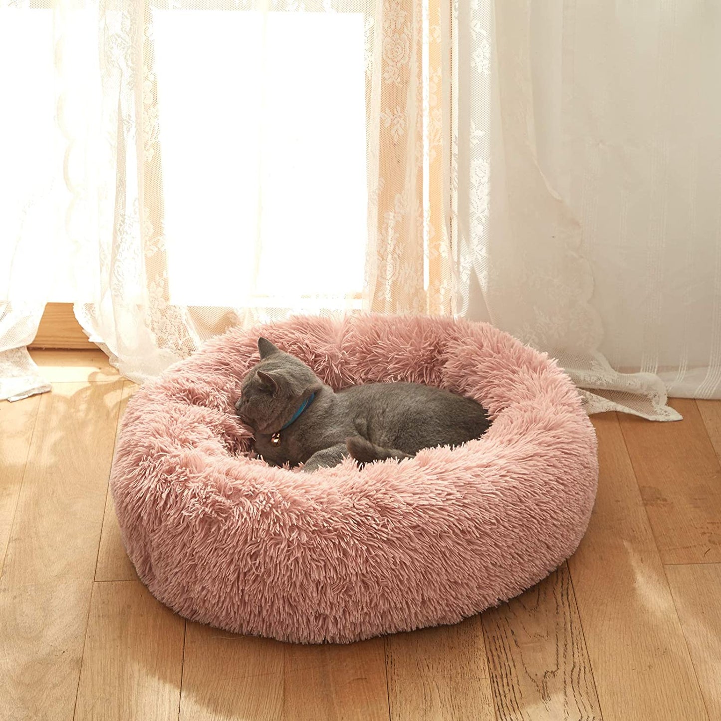 Plush Faux Fur round Pet Dog Bed, Comfortable Fuzzy Donut Cuddler Cushion for Dogs & Cats, Soft Shaggy and Warm for Winter (Pink, 23.6")